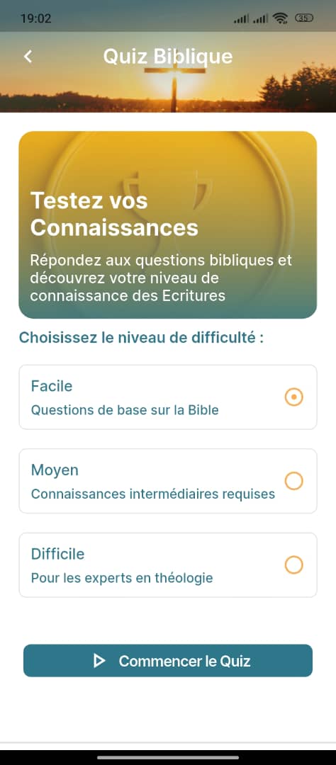 Choix du niveau de difficulté des quiz bibliques dans Go Sermon